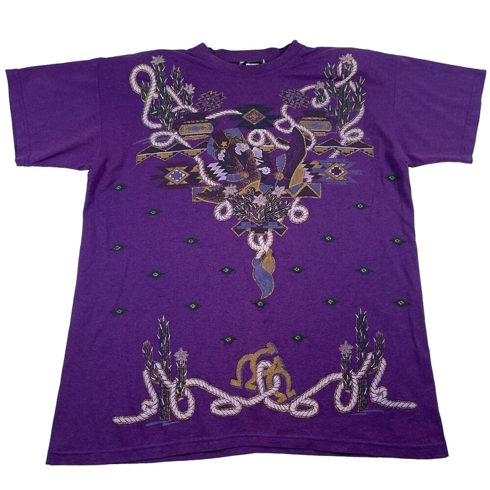 Vintage Western Cowgirl Boots Cactus Horseshoe Purple Shirt Fits like XL
